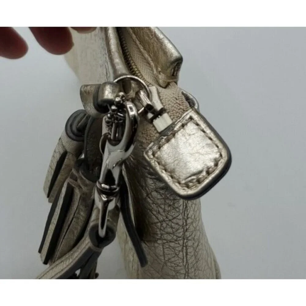 Coach Pebbled Gold Leather Small Zip Tassel Wristlet Removable Strap